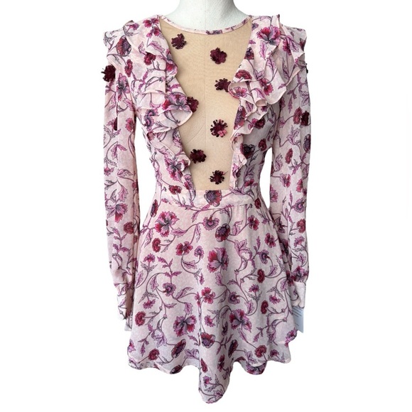 NWT For Love & Lemons Agnes Floral Plunge Mini Dress in Soft Rose XS - Picture 6 of 15